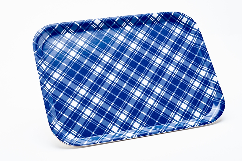 Bricka med bl&aring;rutigt m&ouml;nster.