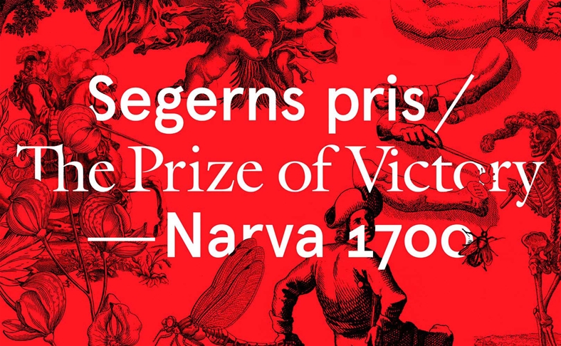 En r&ouml;d bakgrund med svarta illustrationer. Rakt &ouml;ver i vit text st&aring;r det "Segerns pris/The prize of victory - Narva 1700)