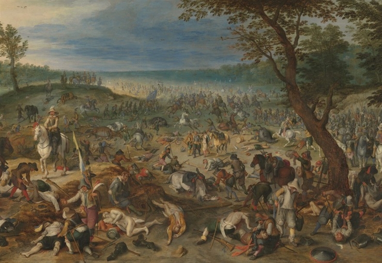M&aring;lning av ett stort slagf&auml;lt med m&aring;nga stupade soldater och h&auml;star och n&aring;gra segrare som rider eller g&aring;r omkring i f&ouml;r&ouml;delsen.