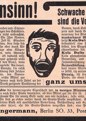 Ett urklipp ur en &Ouml;sterrikisk tidning med rubriken "Wahnsinn" (Galenskap) och en illustration av en person som gapar.