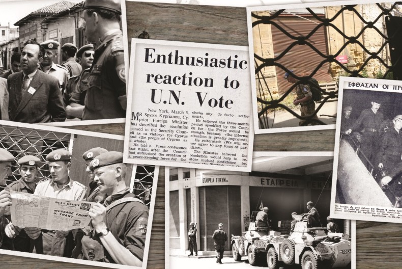 Ett kollage av flera i huvudsak svartvita bilder, n&aring;gra med FN-soldater p&aring;. I mitten av kollaget en tidningsnotis med rubriken "Enthusiastic reaction to U.N. vote"