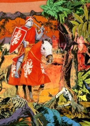 En riddare i r&ouml;tt med lika r&ouml;d sk&ouml;ld och h&auml;st i ett f&auml;rggrant landskap.