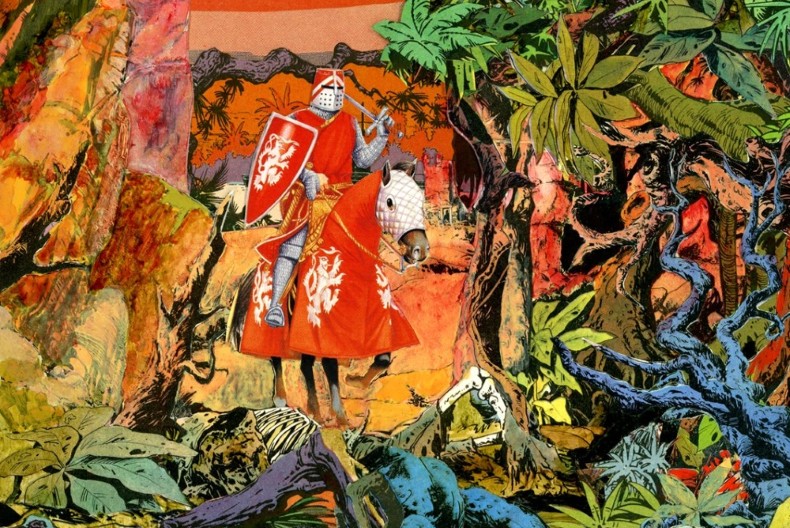 En riddare i r&ouml;tt med lika r&ouml;d sk&ouml;ld och h&auml;st i ett f&auml;rggrant landskap.