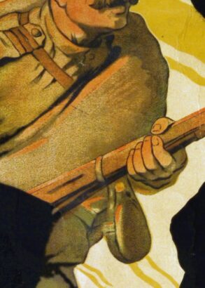 En illustration &ouml;ver en person i milit&auml;rkl&auml;der, redo med sitt vapen.