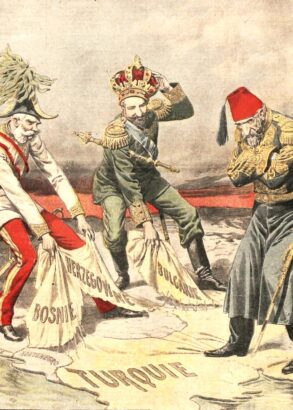 Sk&auml;mtteckning av tre regenter, Furste Ferdinand, av Bulgarien, &Ouml;sterrikes kejsare Franz Joseph och Osmanska rikets sultan Abdul Hamid II. De tv&aring; f&ouml;rstn&auml;mnda river i en karta &ouml;ver Europa som de alla st&aring;r p&aring;.