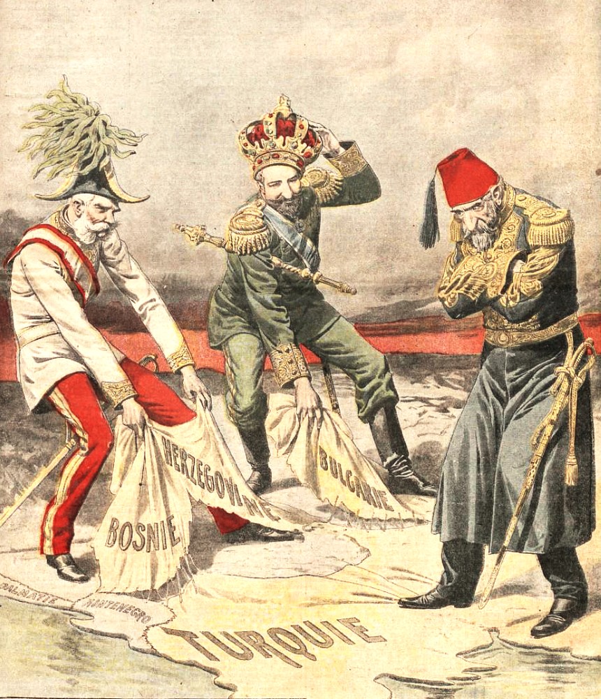 Sk&auml;mtteckning av tre regenter, Furste Ferdinand, av Bulgarien, &Ouml;sterrikes kejsare Franz Joseph och Osmanska rikets sultan Abdul Hamid II. De tv&aring; f&ouml;rstn&auml;mnda river i en karta &ouml;ver Europa som de alla st&aring;r p&aring;.