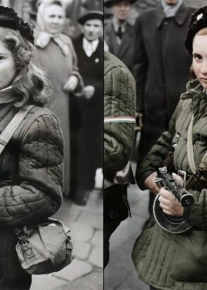 En ung person if&ouml;rd p&auml;lsm&ouml;ssa, en gr&ouml;n jacka med en gr&ouml;n v&auml;ska &ouml;ver axeln tittar in i kameran med ett vapen i h&auml;nderna.