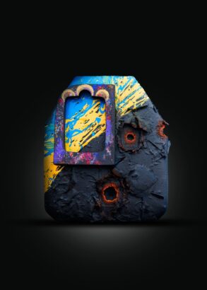 Ett f&auml;rgglatt konstverk mot svart botten.