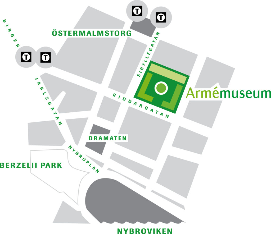Karta över Armémuseums placering snett bakom Dramaten på Östermalm