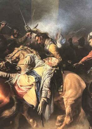 En oljem&aring;lning av ett slag d&auml;r soldaterna sitter till h&auml;st och sl&aring;ss med sv&auml;rd.