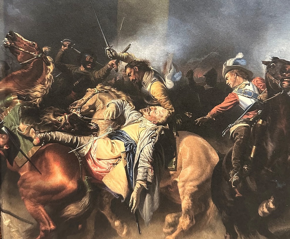 En oljem&aring;lning av ett slag d&auml;r soldaterna sitter till h&auml;st och sl&aring;ss med sv&auml;rd.